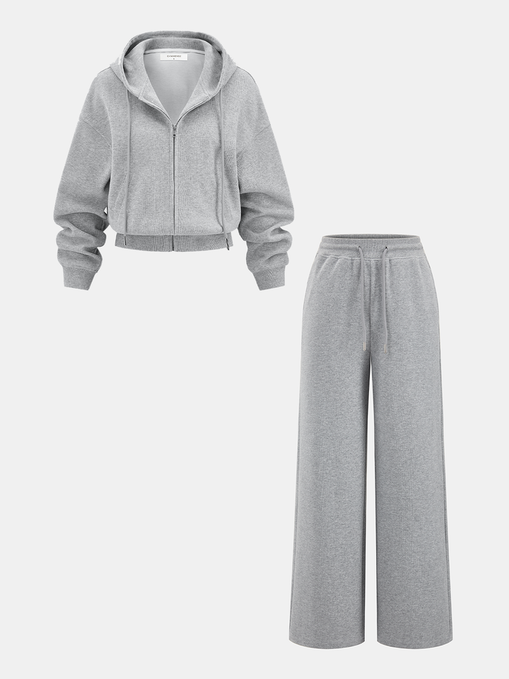 Grey loungewear set: cropped zip hoodie with matching wide leg jogger bottoms