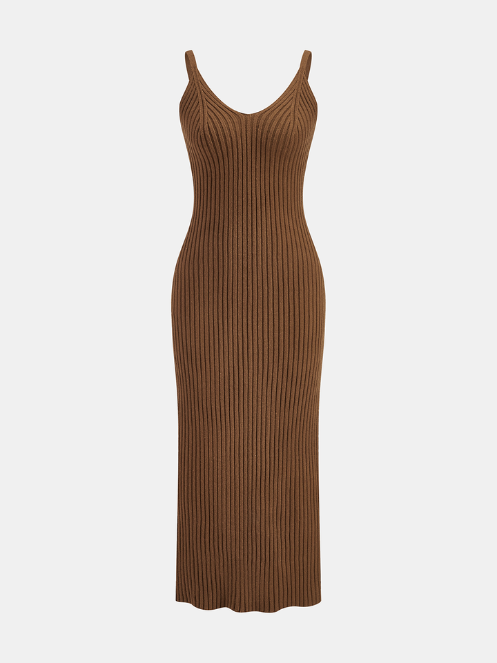 Front view of the brown ribbed knit cami midi dress worn on its own
