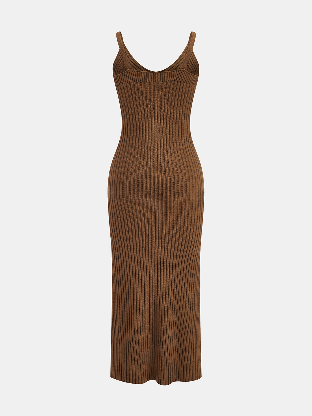 Back view of brown rib knit spaghetti strap midi slip dress