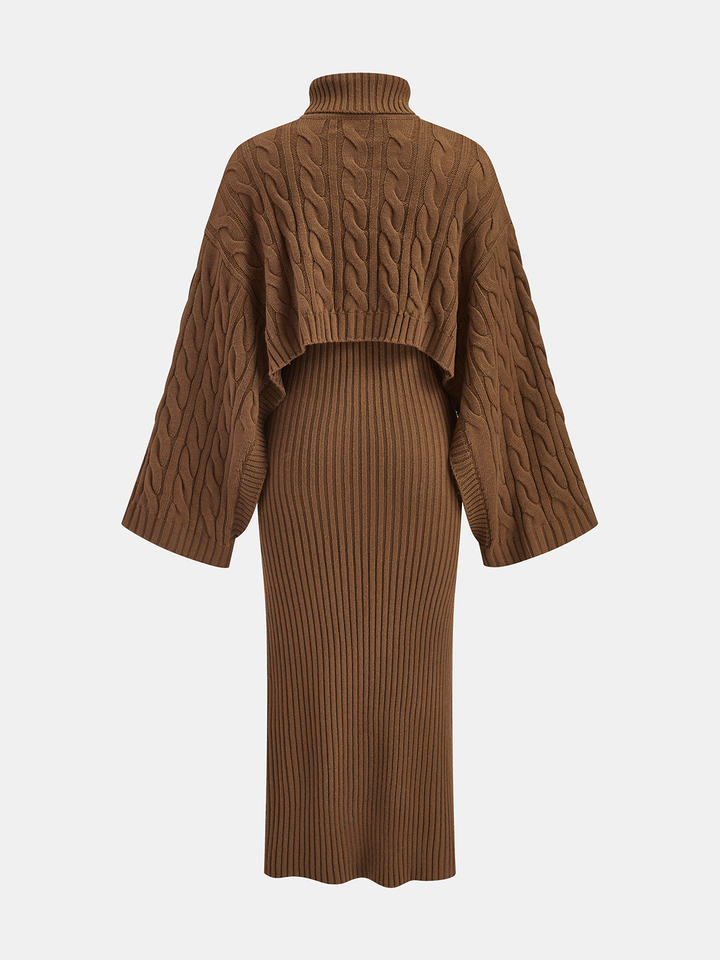 Back view of brown cable knit cropped turtleneck sweater and rib knit midi dress set