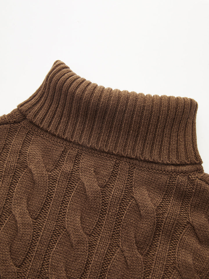 Close up of the turtleneck collar and cable knit pattern on the brown crop sweater