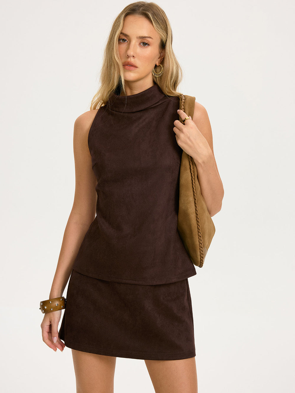 Suede Effect Sleeveless Top & Mini Skirt Set top and mini skirt shown together