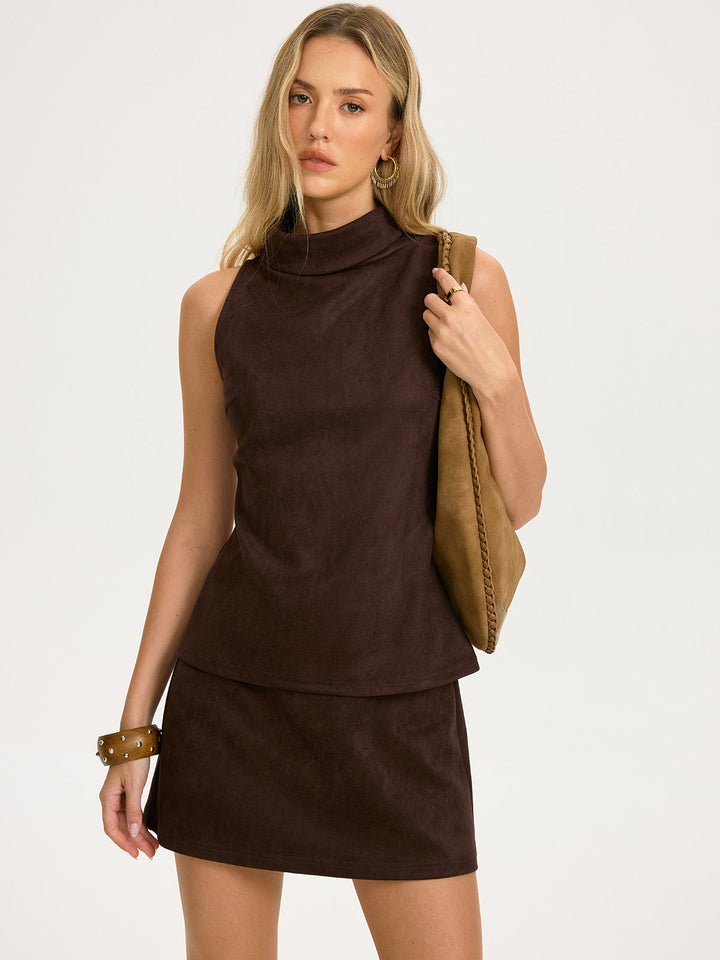 Suede Effect Sleeveless Top & Mini Skirt Set - women's two-piece skirt set, back view