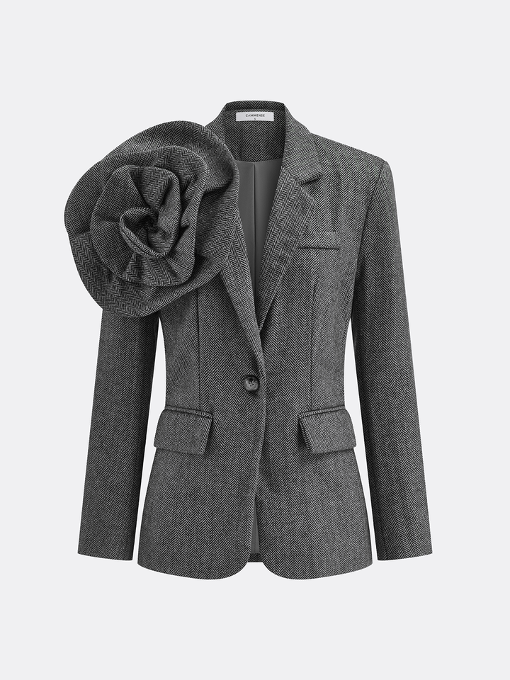 Large 3D Flower Single Button Tweed Blazer