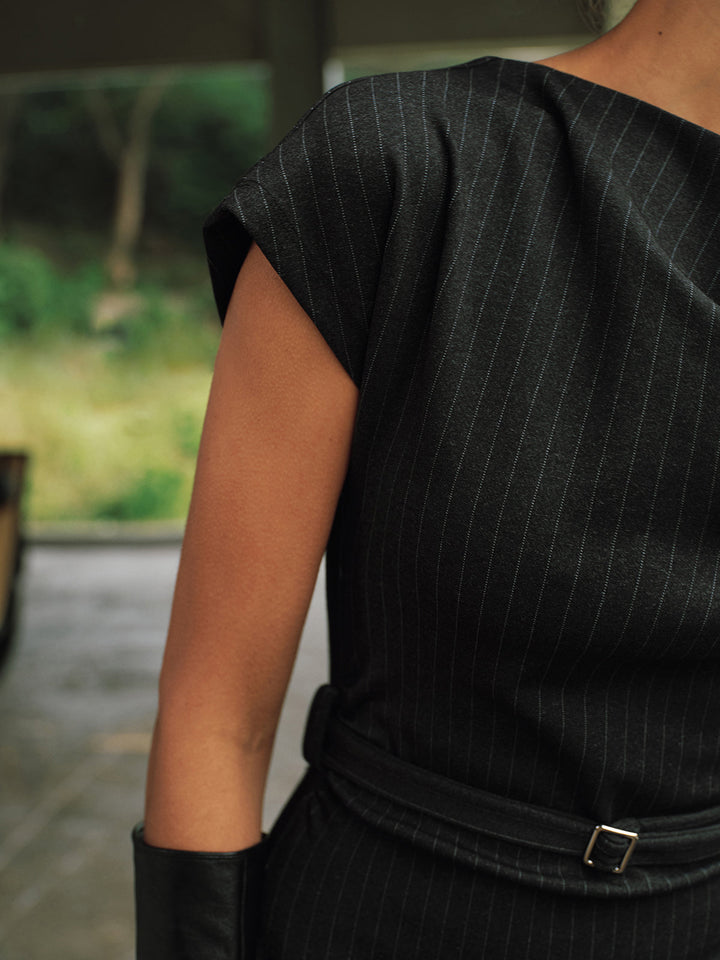 Pinstripe Cap-Sleeve Belted Maxi Dress