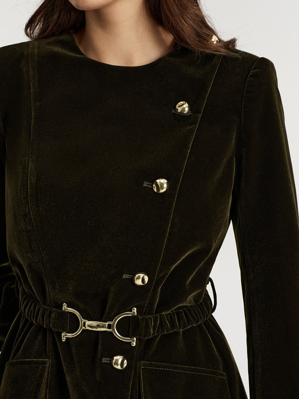 Belted Asymmetric Button Velvet Long Blazer — women's blazers, back view