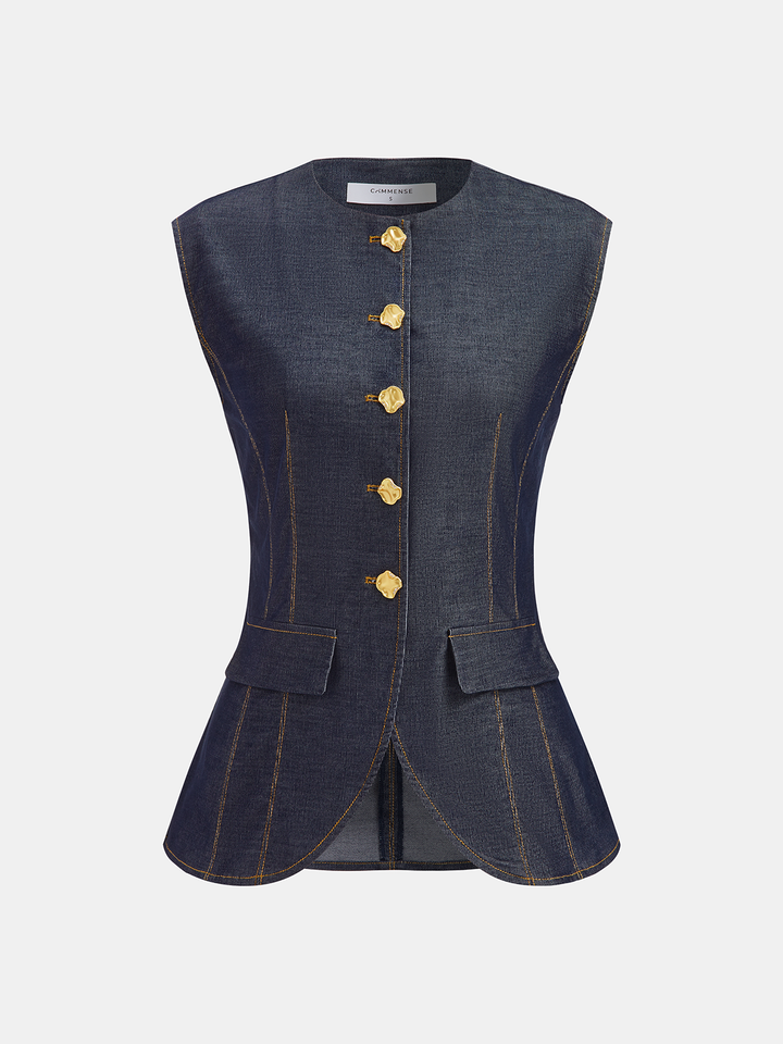 Navy denim sleeveless vest with gold metal buttons and flap pockets, front view