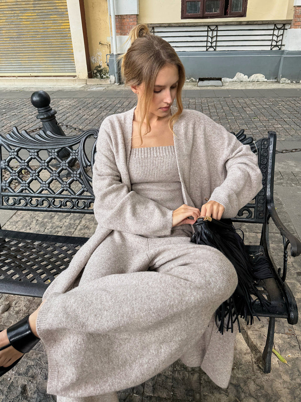 Three-Piece Knit Bustier Cardigan Pants Set — women's pant sets, back view