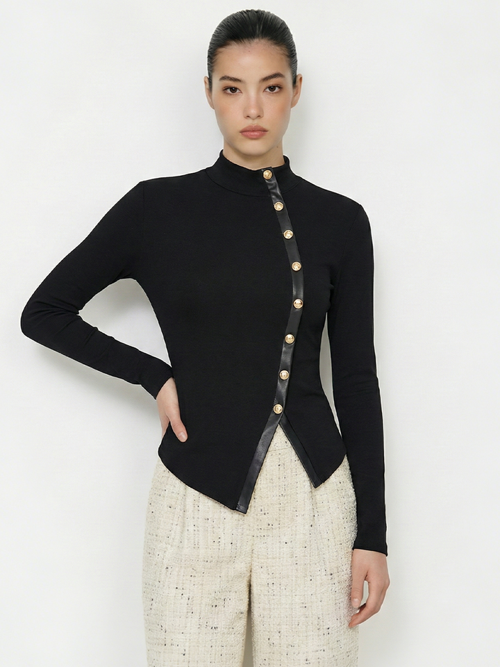 Asymmetric Faux Leather Panel Knit Top