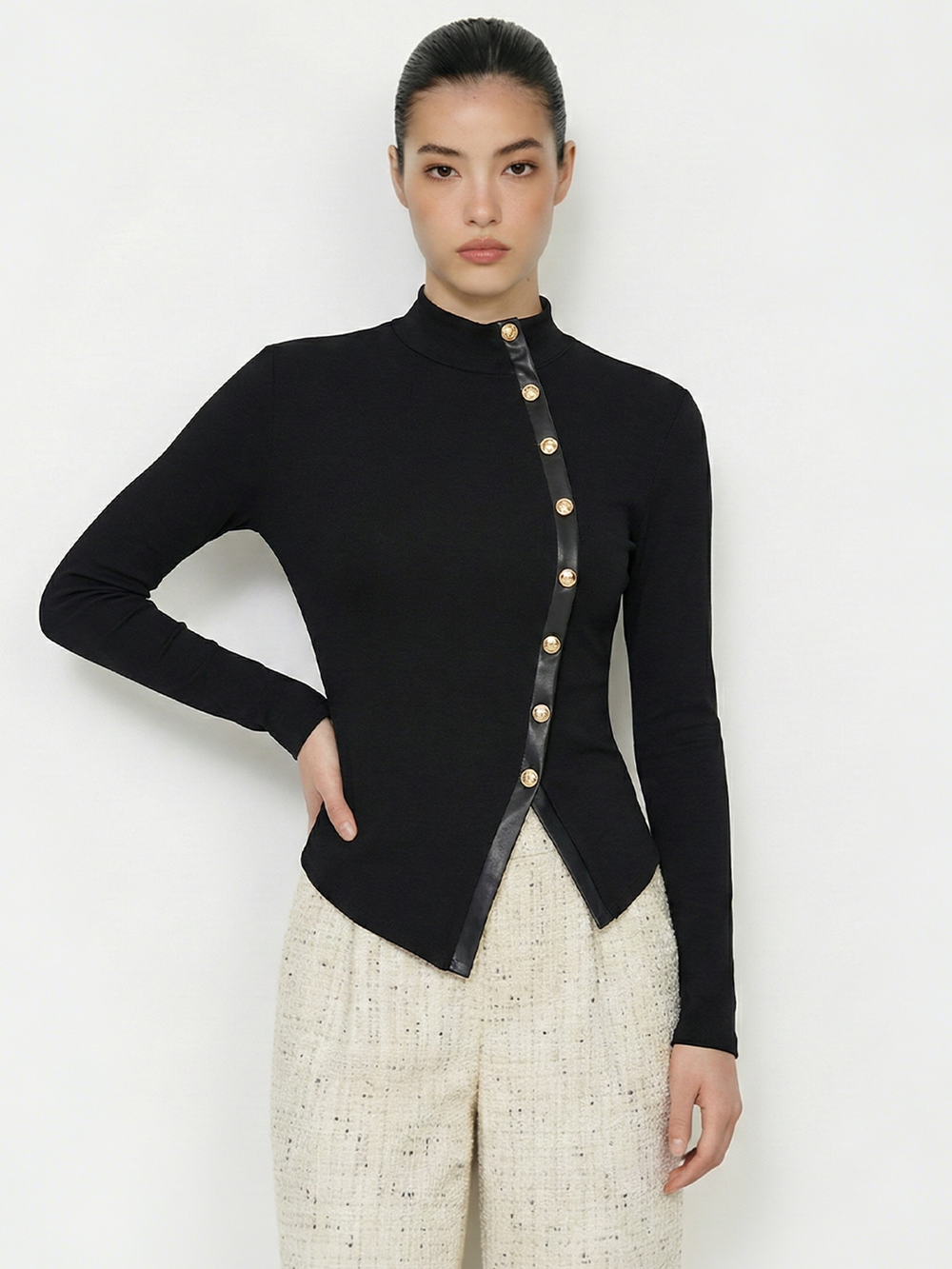 Asymmetric Faux Leather Panel Knit Top — women's t-shirts, back view