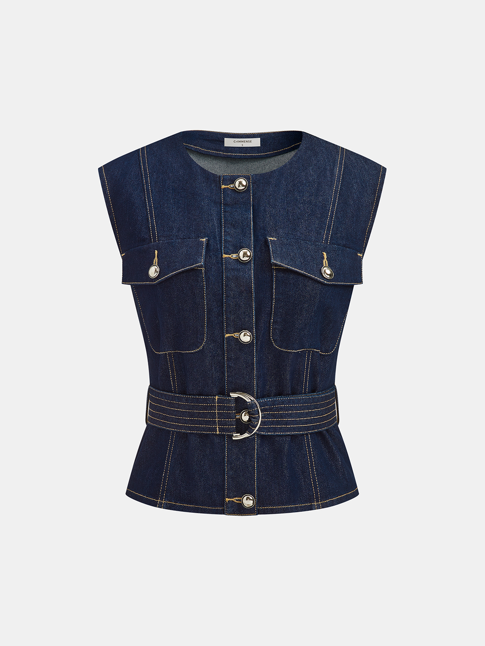 Denim Belted Sleeveless Vest — women's vests, back view