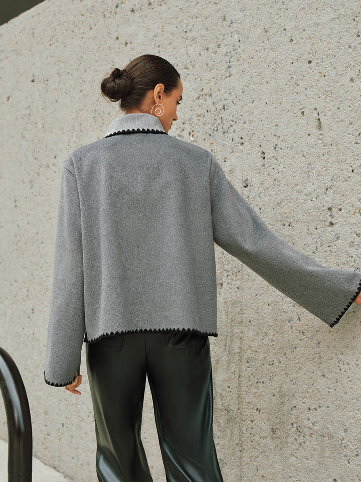 Tweed Contrast-Trim Knot-Collar Coat