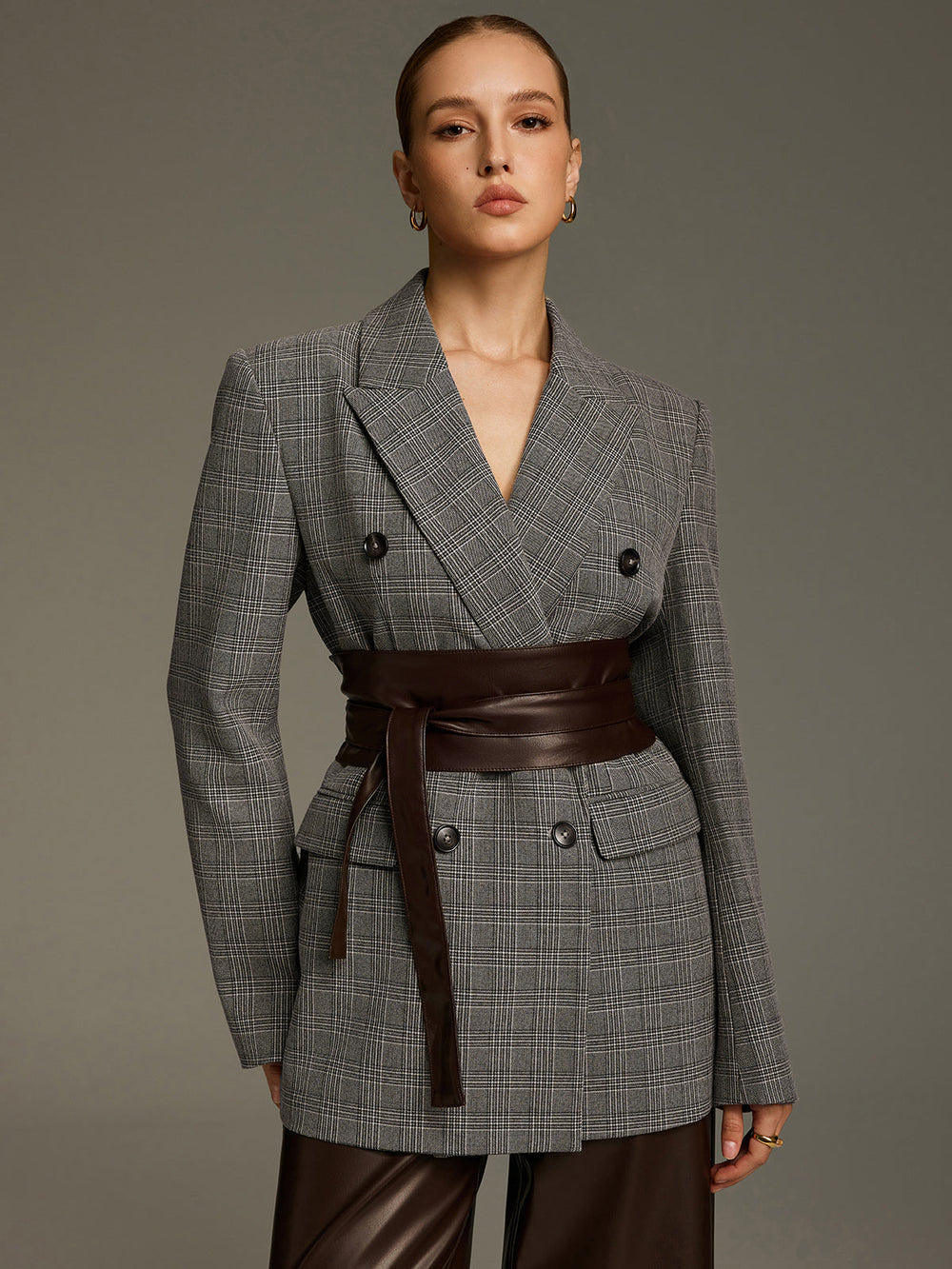 Plaid Double-Breasted Blazer with Waist Belt — women's blazers, back view