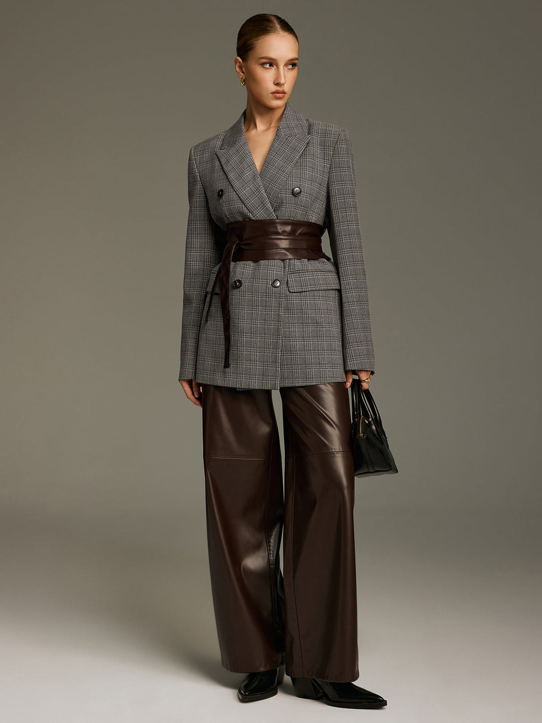 Plaid Double-Breasted Blazer with Waist Belt — women's blazers, front view