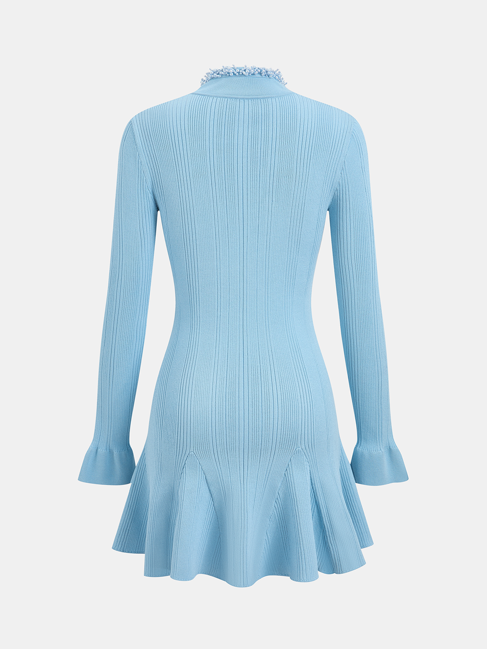 Ruffled Hem Pearl Trim Knit Mini Dress — women's sweater dresses, back view