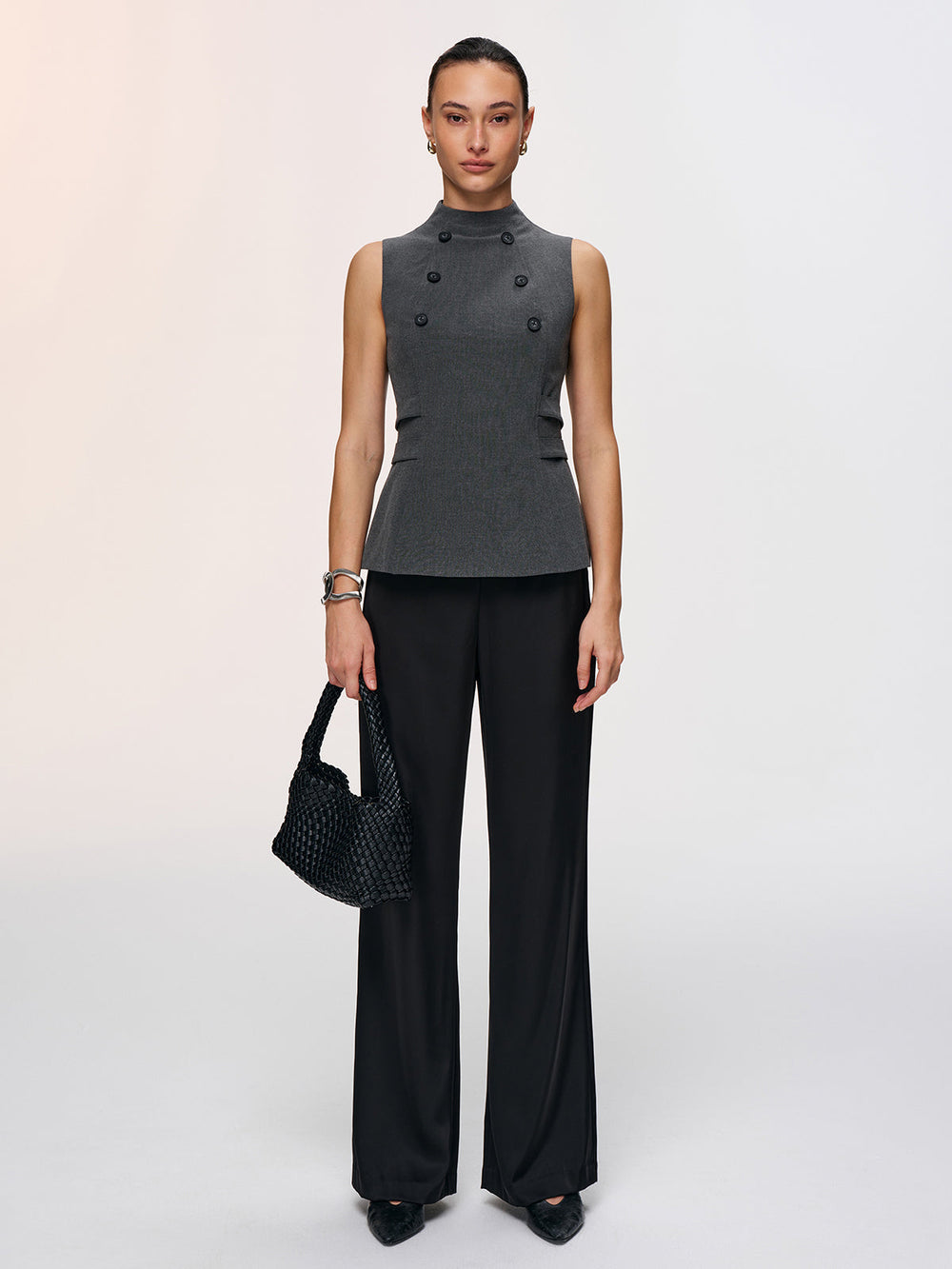 Button Detail Sleeveless Peplum Vest — women's vests, back view