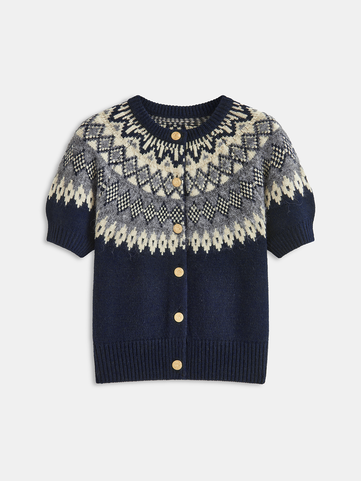 Cashmere-Blend Fair Isle Short-Sleeve Cardigan