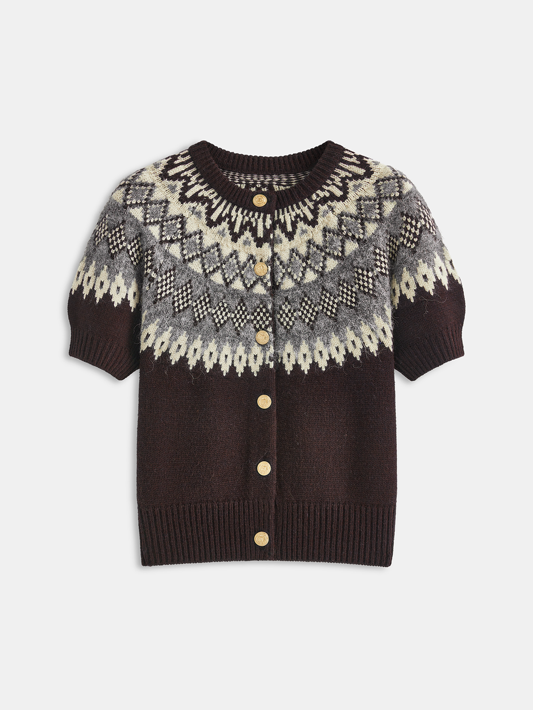 Cashmere-Blend Fair Isle Short-Sleeve Cardigan - women's cardigan, neckline detail