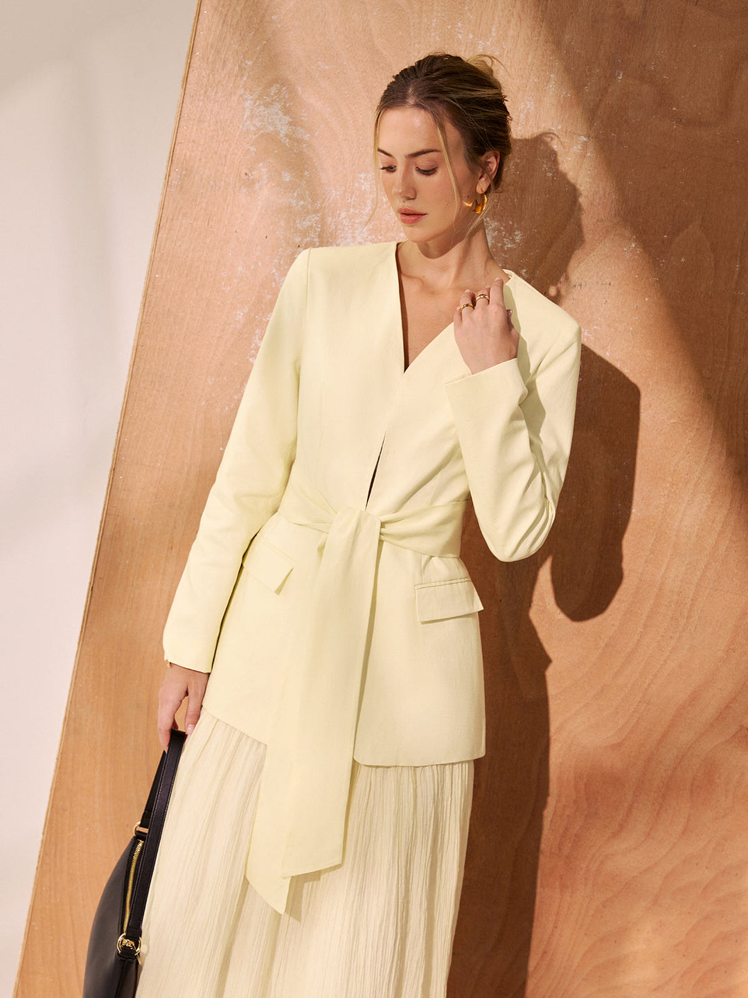 Belted V-Neck Tailored Blazer — women's blazers, front view