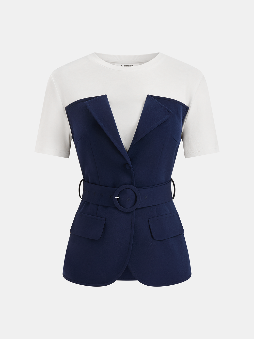 2 in 1 Belted Patchwork Short Sleeve Top — women's vests, back view
