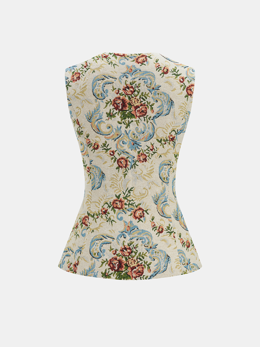 Back flat of floral jacquard tailored vest with fitted waist and peplum flare