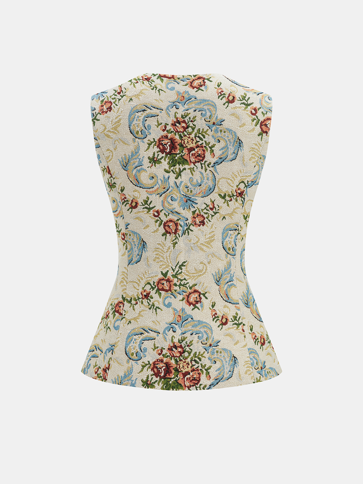 Back flat of floral jacquard tailored vest with fitted waist and peplum flare