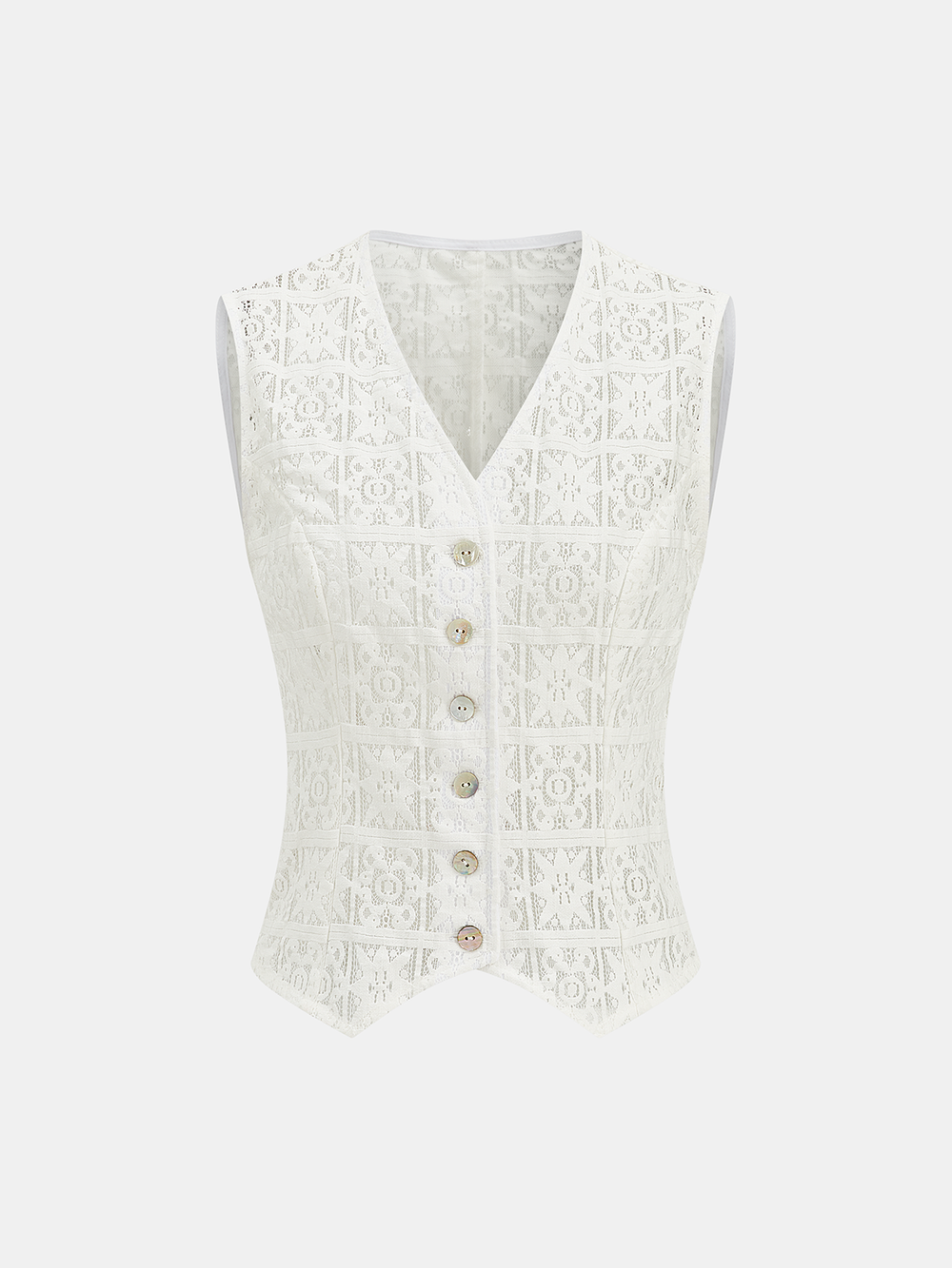 Product front view of the ivory crochet lace waistcoat with six-button placket and pointed hem