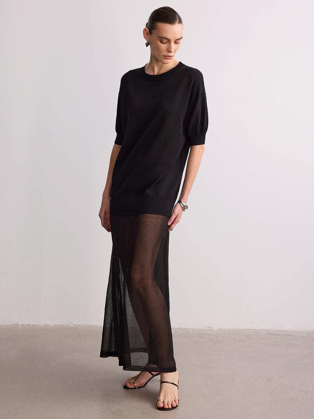Short Sleeve Sheer Hem Knit Maxi Dress — women's sweater dresses, back view
