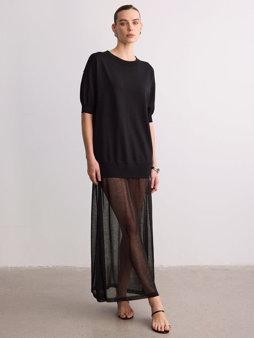 Short Sleeve Sheer Hem Knit Maxi Dress — women's sweater dresses, front view