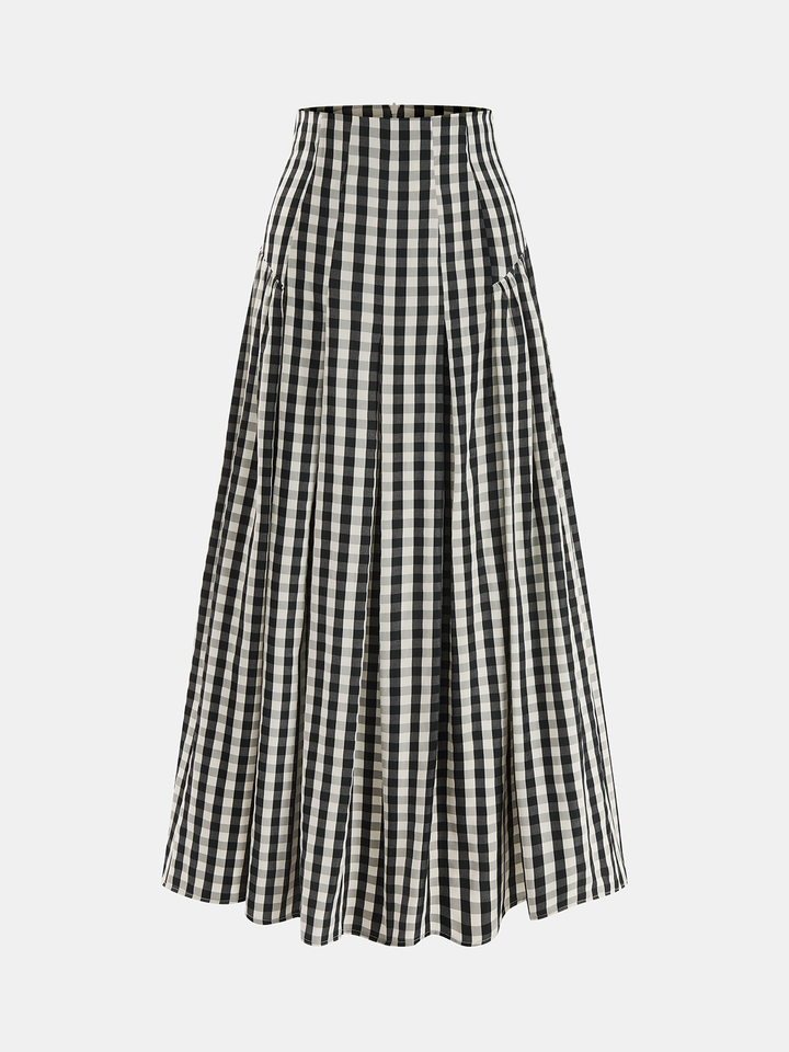 Gingham High-Waisted Pleated Midi Skirt