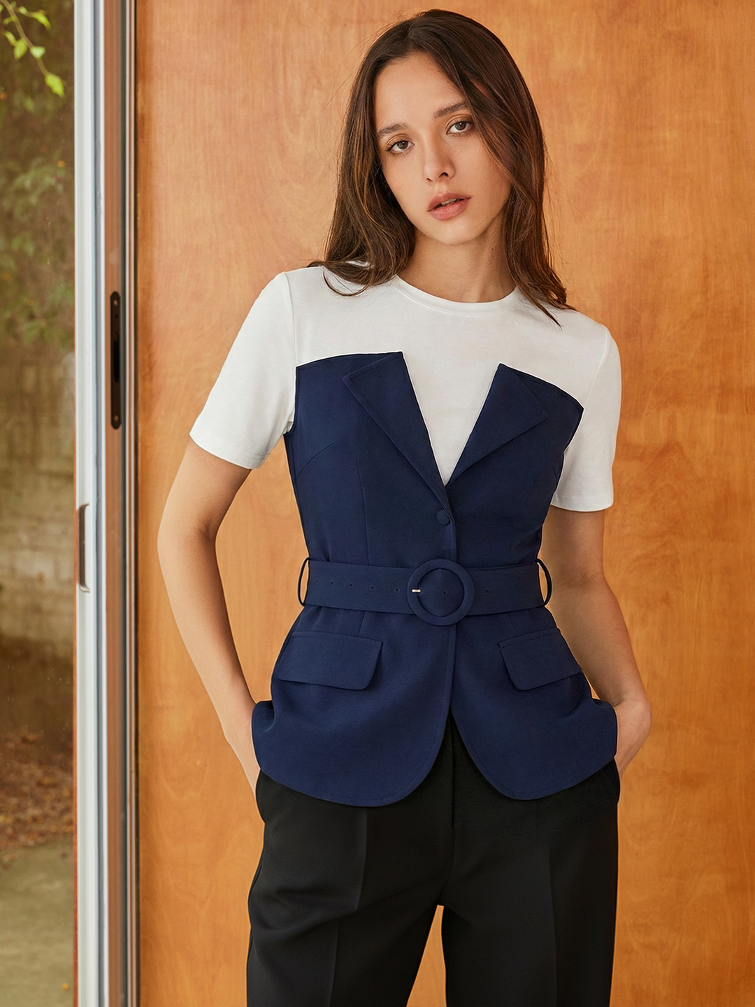 2 in 1 Belted Patchwork Short Sleeve Top — women's vests, front view