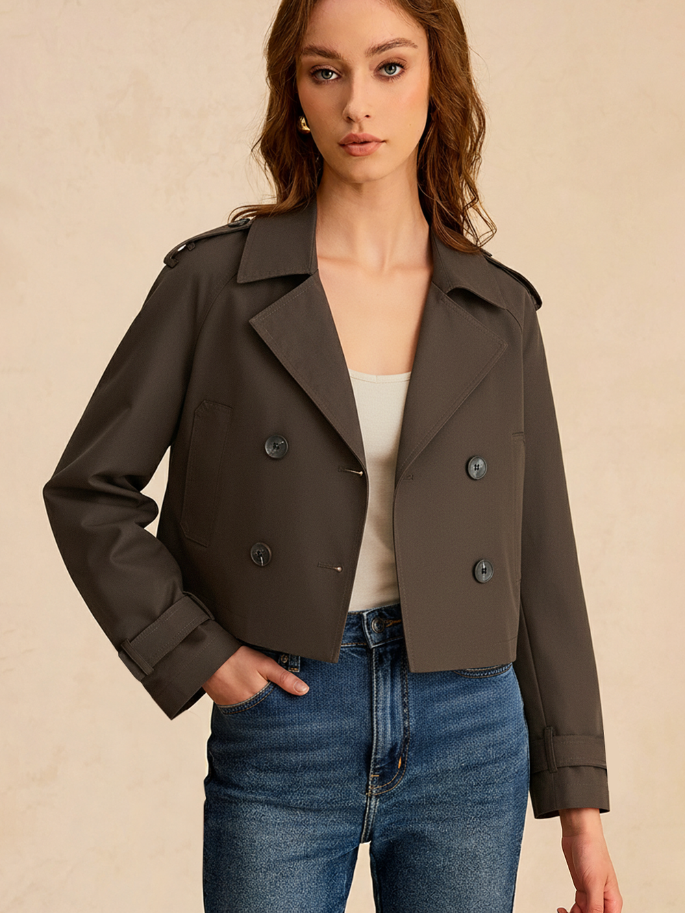 Double-Button Cropped Trench Coat — women's trench coats, back view