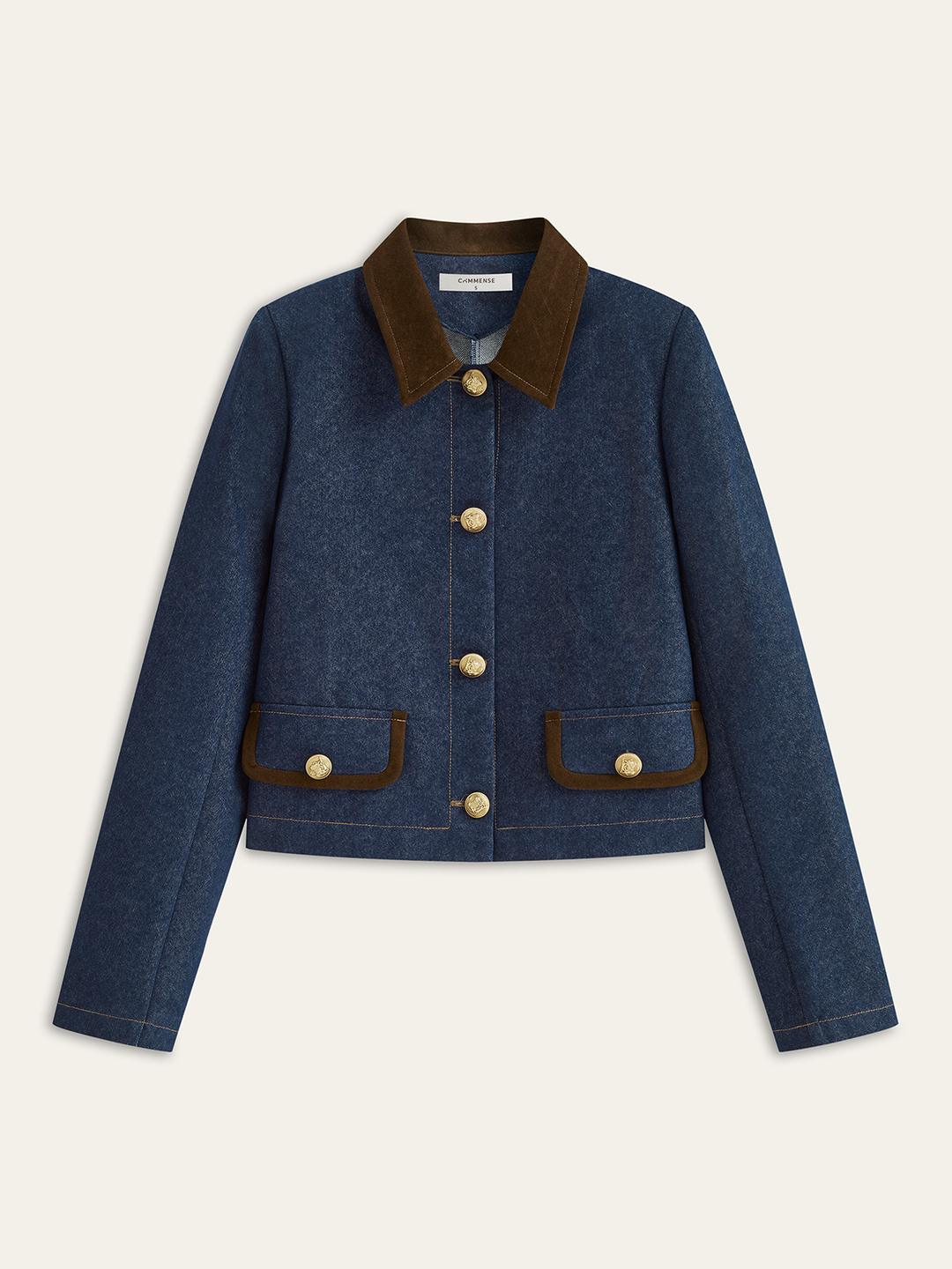 Navy blue cropped denim jacket with brown suede collar and gold buttons, front flat lay