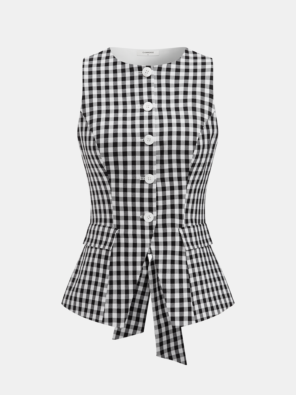 Gingham sleeveless peplum top front view with white buttons and pleated hem