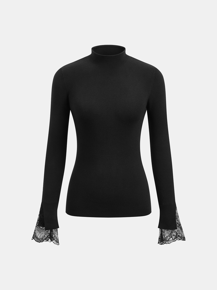 Mock Neck Lace Cuff Knit Top - women's knit top, fabric detail