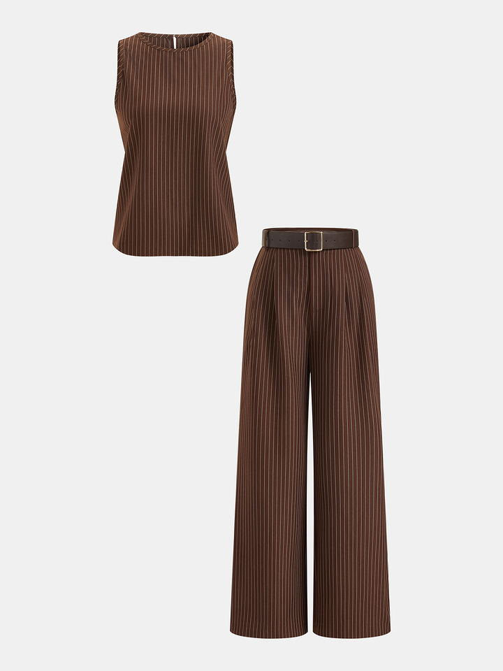 Pinstripe Sleeveless Top and Pants Set with Belt - women's two-piece trouser set, sleeve detail