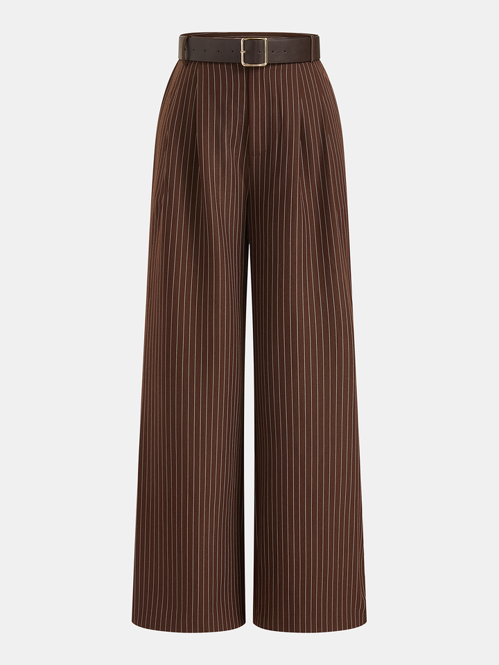 Pinstripe Sleeveless Top and Pants Set with Belt - women's two-piece trouser set, styled with heels