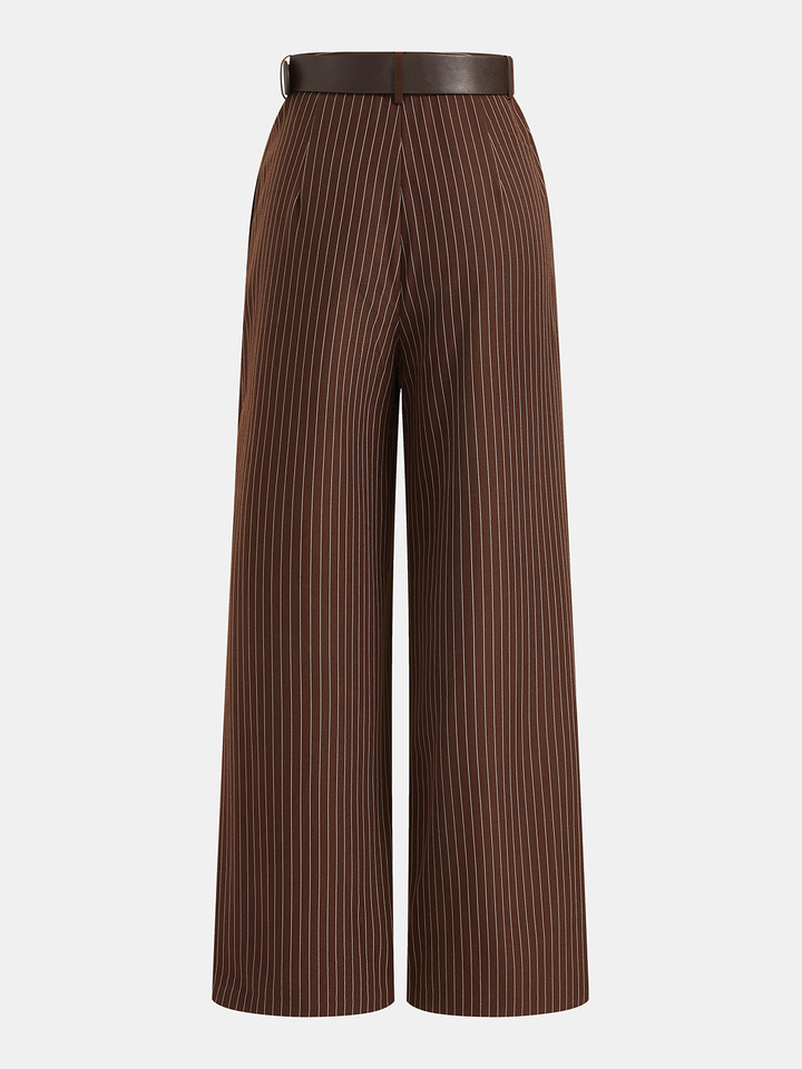 Pinstripe Sleeveless Top and Pants Set with Belt - women's two-piece trouser set, model wearing it, three-quarter view