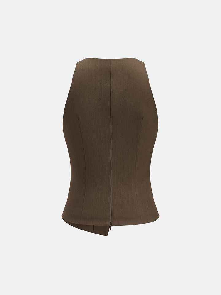 Back view of the brown cinched waist sleeveless vest with princess seams