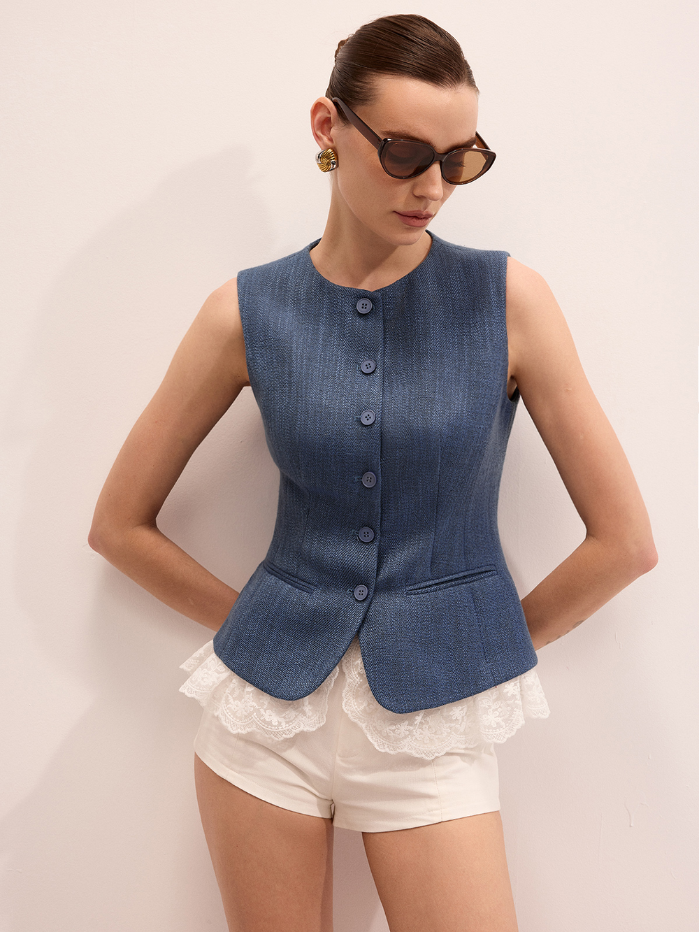 Lace Hem Button Front Slim Vest — women's vests, back view