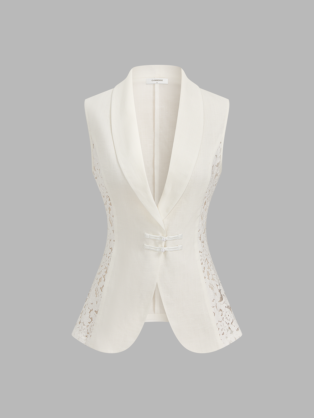 Lace Panel Frog Button Linen Blend Blazer Vest — women's vests, back view