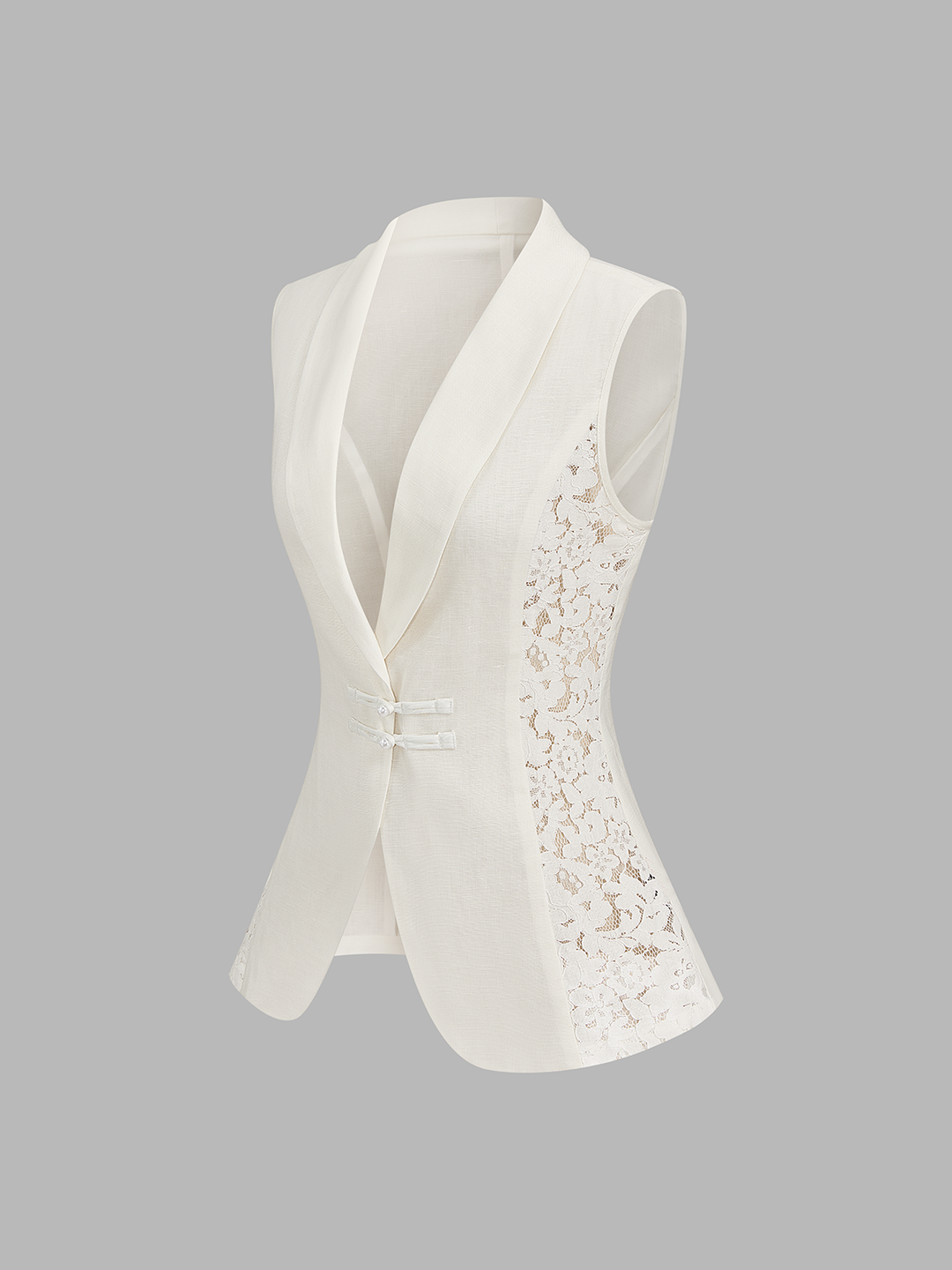 Lace Panel Frog Button Linen Blend Blazer Vest — women's vests, front view