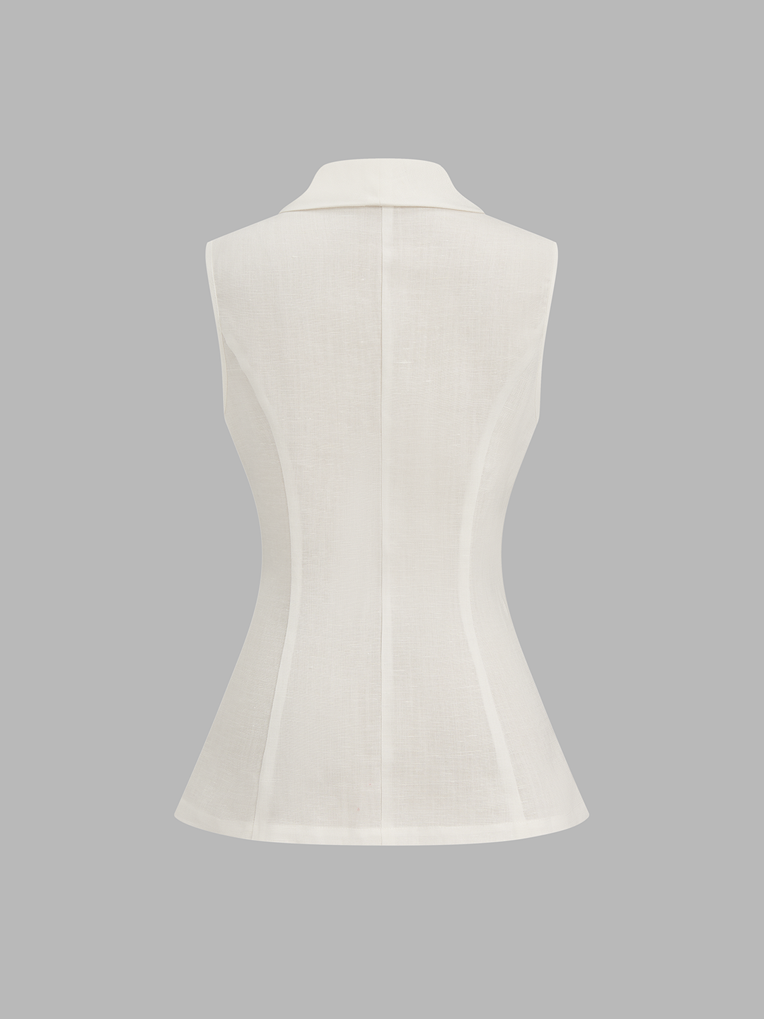 Back view of the off-white sleeveless blazer vest with seamed waist and collar