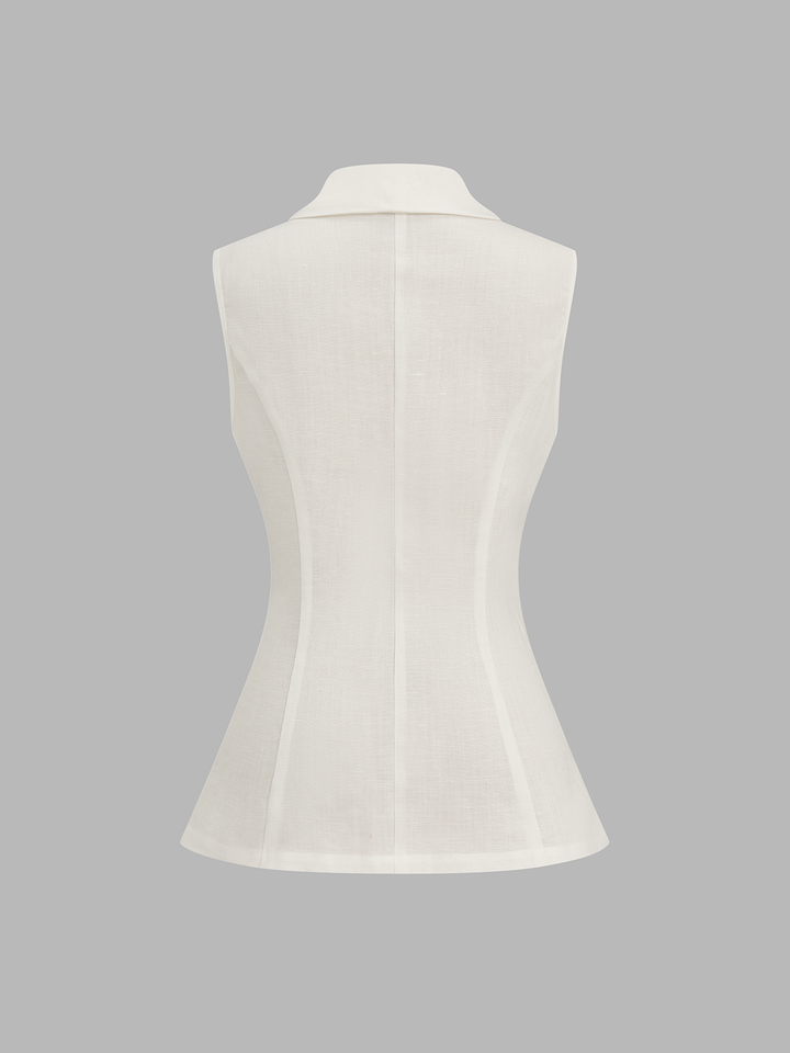 Back view of the off-white sleeveless blazer vest with seamed waist and collar