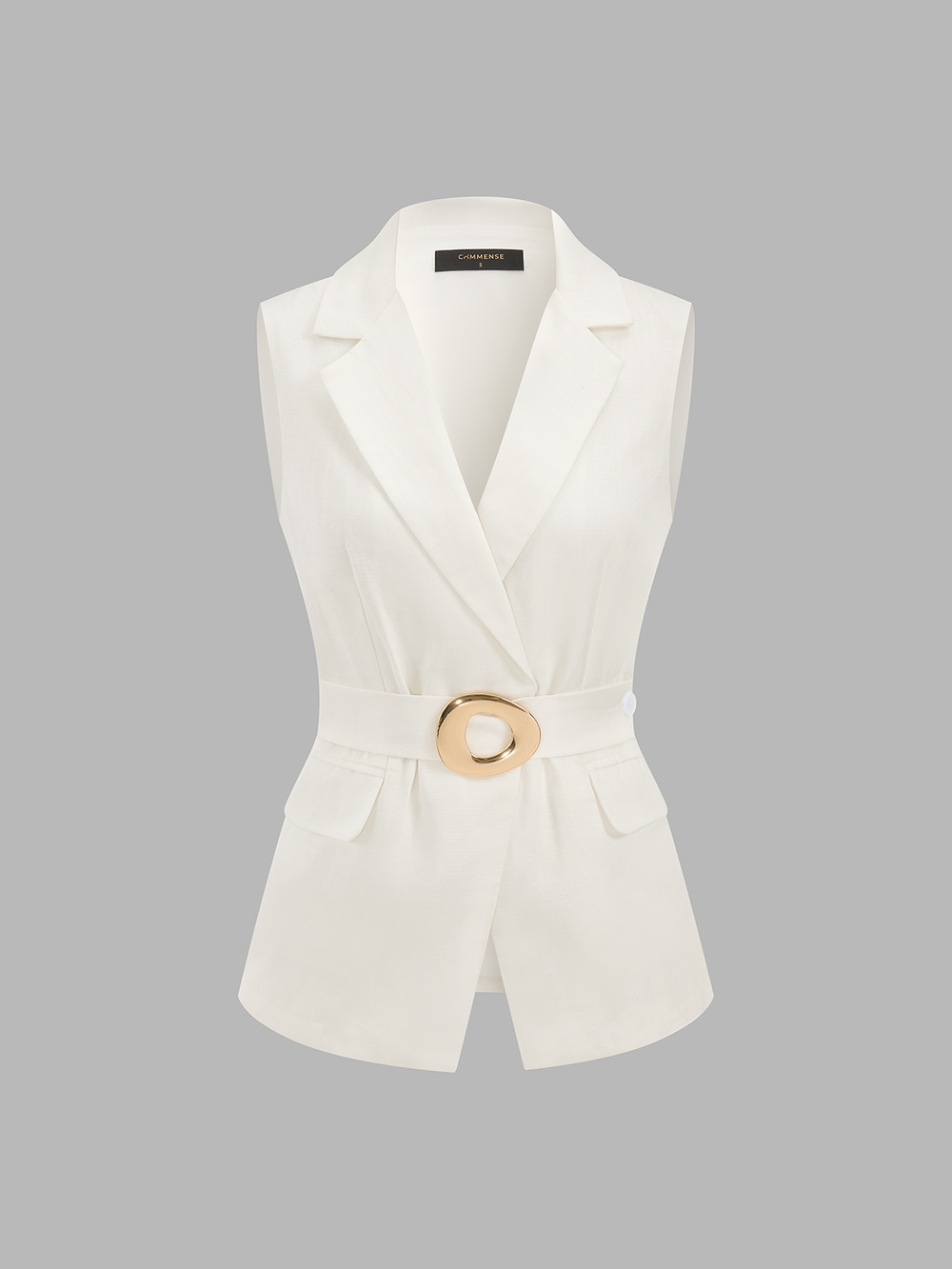 Front product view of the white sleeveless blazer vest with notch lapels and flap pockets