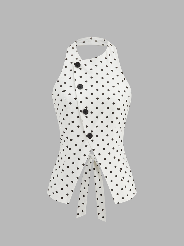 Polka Dot Halter Decorative Button Tie-Back Top