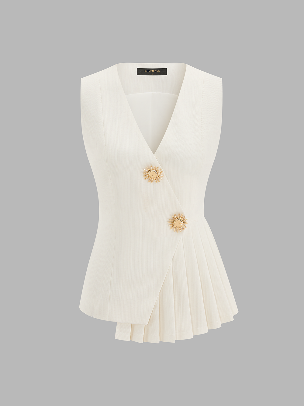 Product front view of the white asymmetric vest with side pleat panel and two gold buttons