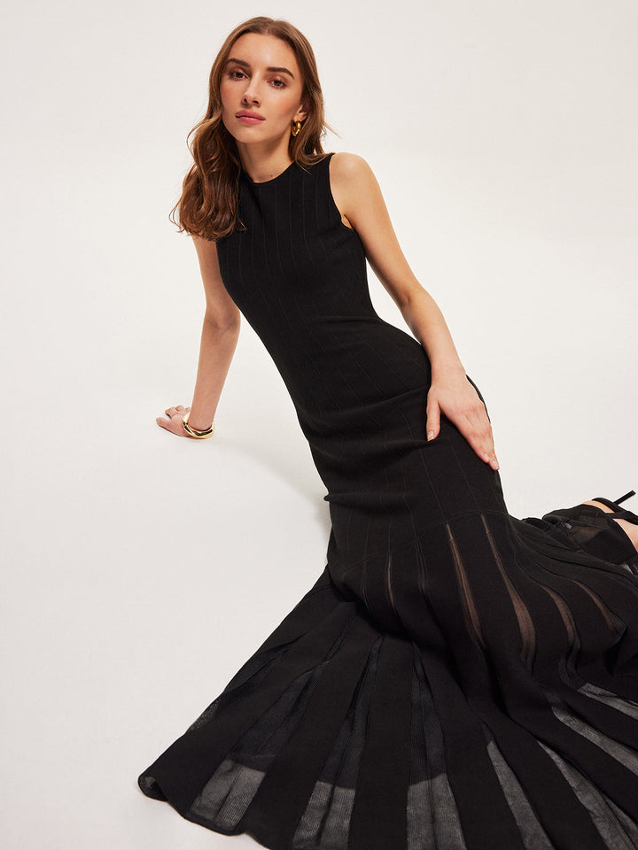 Semi-Sheer Mesh Flared Dress Without Belt