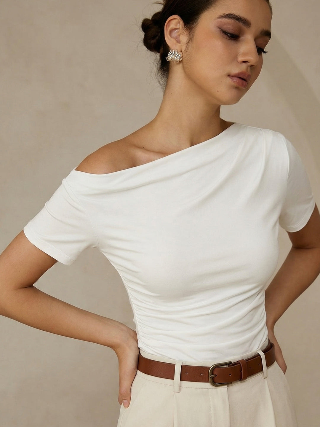 Ruched Off Shoulder Slim Short Sleeve Top — women's t-shirts, front view