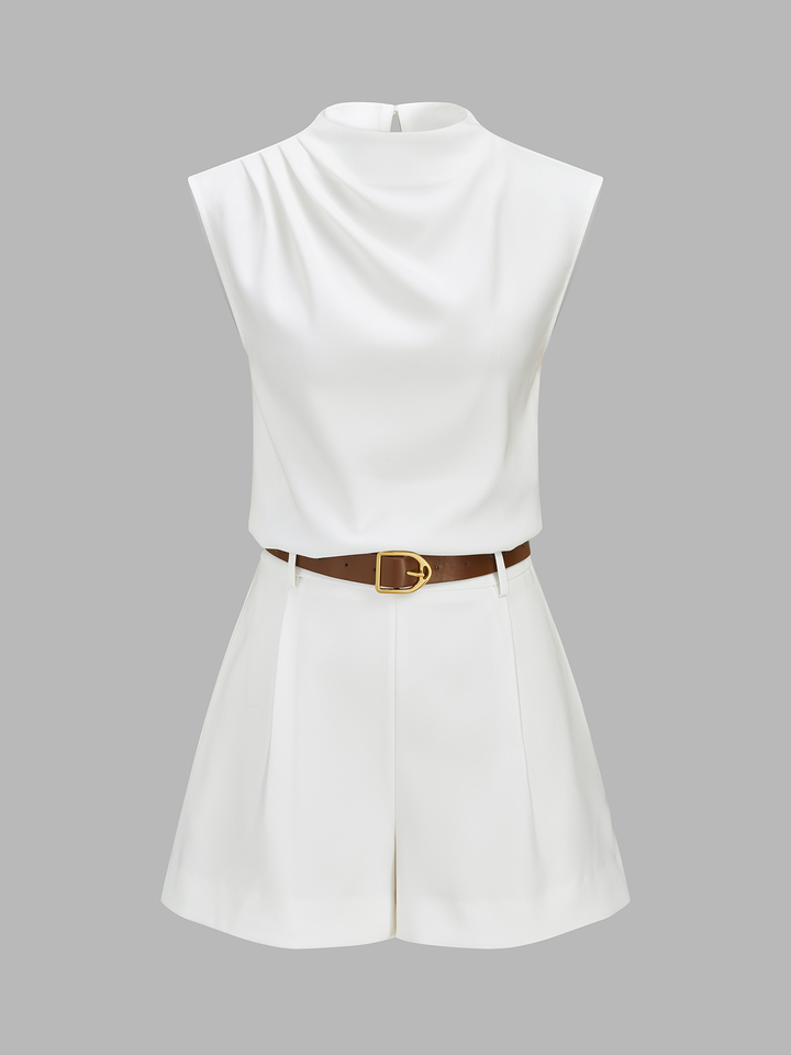 Draped Sleeveless Top & Belted Shorts Set - women's two-piece shorts set, back view